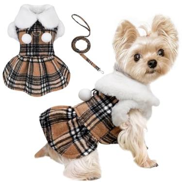 Imagem de Conjunto de suéter de cachorro com coleira D anel xadrez roupas de cachorro de lã para cães pequenos, meninas, meninos, Halloween, inverno, animal de estimação, casaco para clima frio, outono XXS,
