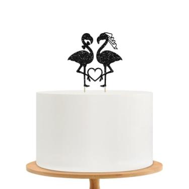 Imagem de Topo de bolo de casamento com coração de flamingo, decoração de bolo de noiva e noivo com glitter para noivado, chá de panela com tema de flamingo/decoração de festa de aniversário