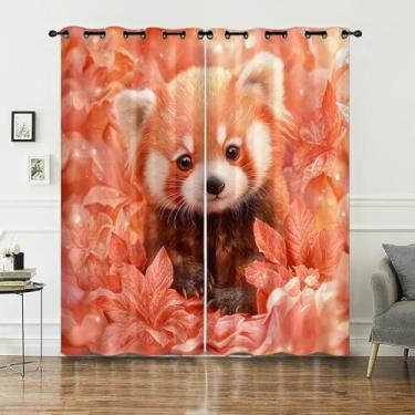 Imagem de AILONEN Linda cortina de janela de panda vermelha para crianças, adolescentes, 96,5 cm L x 137,2 cm A, cortina de janela com folhas de bordo vermelho, 2 painéis Kawaii Animal Wildlife