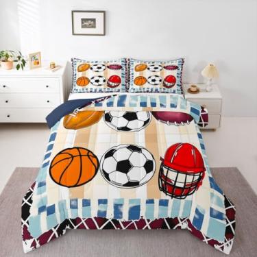 Imagem de jejeloiu Jogo de cama solteiro com estampa de futebol, basquete, beisebol, futebol, jogos, esportes, edredom para crianças, meninos, meninas, decoração temática esportiva, microfibra, ultramacia