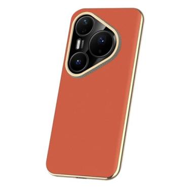 Imagem de LTLMYDAM Capa fina para Huawei Pura 80 Ultra/80 Pro/80 Pro+/80, capa de couro genuíno com lente de envoltório completo, capa de telefone de luxo galvanizada, laranja, 80 Pro+