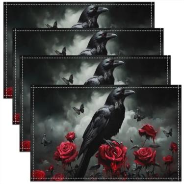 Imagem de jejeloiu Jogo americano de corvo gótico de 46 x 30 cm, conjunto de 4 para crianças, meninos, meninas, rosa vermelha gótica, para cozinha, mesa de jantar, decoração de festa de Halloween, ambientes
