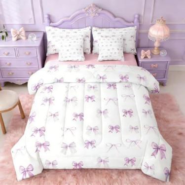 Imagem de Erosebridal Jogo de cama casal com laço e laço roxo com estampa de 7 peças, para crianças, meninas, adolescentes e adultos, conjunto de lençol com laço kawaii, decoração de casa, respirável
