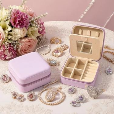 Imagem de Estojo de joias de viagem com um pequeno espelho, mini caixa organizadora de joias portátil, pequena caixa organizadora de viagem, essencial para viagem, presente de Natal para mulheres e meninas, 9 ×