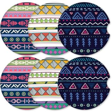 Imagem de Pacote com 6 porta-copos de cerâmica para carro com suporte de cortiça, fácil de retirar para limpeza, inserções absorventes e antiderrapantes para interior automotivo (geometria)