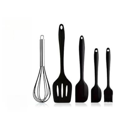 Imagem de Kit 5 Peças Utensílios De Cozinha Silicone Colher Espátula Espátula Pequena Pincel(5 peças-Preto)