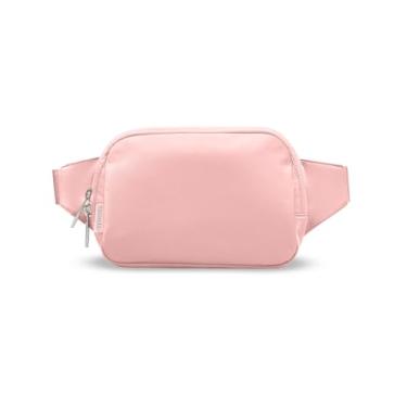 Imagem de Bomvabe Pochete rosa 1L para mulheres com zíper bidirecional, bolsa de cinto pequena com alça ajustável de 134 cm, bolsa de cintura moderna com vários bolsos, bolsa transversal para viagem, academia