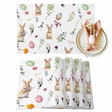 Imagem de Jogo americano de primavera de Páscoa, conjunto de 4, tapetes de mesa antiderrapantes à prova de calor, ovos de coelho, folhas verdes, lavável, limpável, roupa de cama para cozinha, jantar, decoração