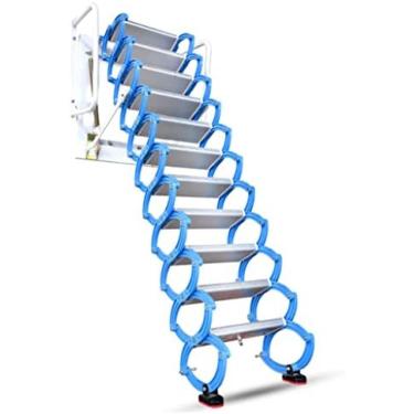 Imagem de Escada De Sótão Montada Na Parede Com Pedal Largo Escada Telescópica De Alumínio Escada Dobrável Interna Escada De Loft Com Pedal Antiderrapante Corrimãos De Plataforma Externa,Azul, Laranja, Bran