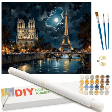 Imagem de Kit de pintura de paisagem urbana por números para adultos - Pintura DIY da Torre Eiffel e Notre-Dame enrolada em tela 40,6 x 50,8 cm, conjunto de tinta acrílica para iniciantes, arte noturna da