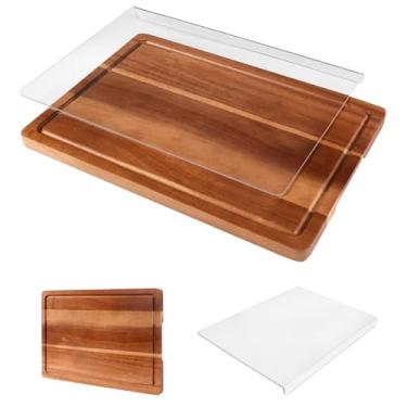 Imagem de Conjunto de 2 tábuas de corte – Tábua de corte de madeira de acácia e acrílico com borda de balcão para cozinha, tábua de cortar de madeira com ranhuras de suco para legumes, frutas, carne