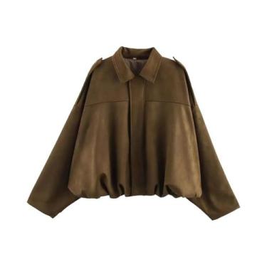 Imagem de Jaqueta Bomber Feminina Oversize De Camurça Com Zíper Manga Longa Moda