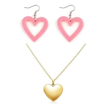 Imagem de Yssreey 2 peças de brincos de coração rosa e colar de coração, acessório de fantasia para mulheres, meninas, filmes de terror cosplay