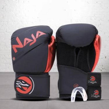 Imagem de Kit Naja Luva Boxe/Muay Thai Extreme + Bandagem 3Mt + Bucal - Preto/Vermelho - Tam 14Oz-Unissex