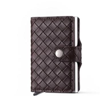 Imagem de Carteira feminina de couro genuíno com dobra dupla/tripla - Suporte minimalista para cartão de crédito com bloqueio de RFID e bolso para moedas, Café, Casual