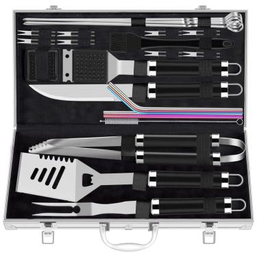 Imagem de Kit Churrasco na Grelha 25 Peças de Aço Inoxidável e Escova de Limpeza com Estojo de zenamento, ROMANTICIST grill accessories, Prateado