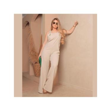 Imagem de Macacão Feminino wide leg Pantalona com botões no linho - Mamu, Bege, 
