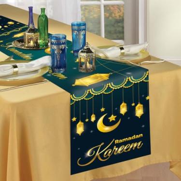 Imagem de Caminho de mesa Eid Mubarak, decorações de Ramadã Kareem verde dourado com padrão de lua e lanterna estrela, corredores de mesa de jantar de cozinha para decoração de feliz feriado islâmico e