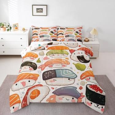 Imagem de Erosebridal Conjunto de cama de solteiro, sushi, comida japonesa, presentes de sushi, para adolescentes, meninas, meninos, estilo anime, comida divertida, conjunto de edredom com 1 fronha para