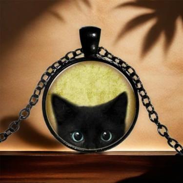 Imagem de Colar de gato preto com pingente de moeda redonda para mulheres - Linda joia de gato preto, middle, Metal, Sem Pedra Preciosa