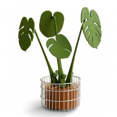 Imagem de Conjunto de 4 peças de porta-copos de folhas Monstera com suporte de vaso - Design magnético de plantas em vaso - Tapetes decorativos verdes para canecas - Presente exclusivo para amantes de plantas e