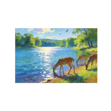 Imagem de BMZFYBS Impressão em tela de paisagem de arte de parede - Pintura de decoração de veado do lago - Imagens para sala de estar quarto 20 x 30 cm 8 x 12 polegadas sem moldura