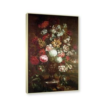 Imagem de NHLDZYH Moldura em champanhe. Flores clássicas ainda vida em tela retro buquê de flores pinturas estilo country decoração de parede para cozinha e sala de estar. C48. 60 x 96 cm.