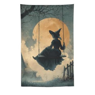 Imagem de Tapeçaria assustadora de Halloween bruxa no balanço laranja lua cheia campo assustador decoração de parede sala de estar quarto decoração de casa exclusivo tecido pendurado tapeçaria 152 x 232 cm