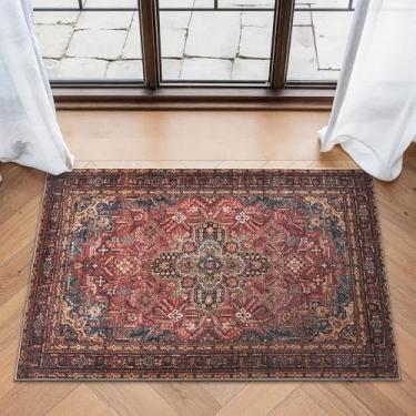 Imagem de Bloom Rugs Tapete lavável antiderrapante de 6 cm x 7 cm - Tapete medalhão tradicional vermelho/azul-petróleo/amarelo para sala de estar, quarto, sala de jantar e cozinha - Tamanho exato: 5 x 7 cm