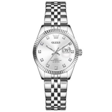 Imagem de OLEVS Relógio feminino prata para mulheres relógios femininos de luxo para pulso pequeno, aço inoxidável, à prova d'água, analógico, quartzo, data vestido Reloj para mulheres, Prata e prata, round