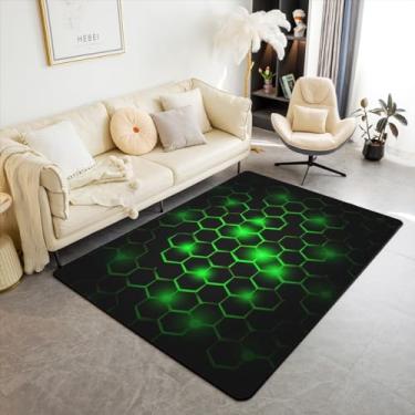 Imagem de Feelyou Tapetes de sala de estar verde favo de mel geométrico geométrico, hexágono, para decoração de quarto de crianças, meninos, meninas, adolescentes, conjunto de carpete decorativo geométrico,