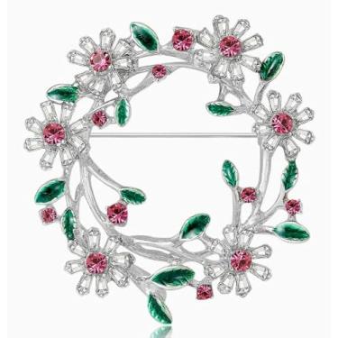 Imagem de Grinalda de flores de strass verde esmalte folha broche alfinetes de lapela para mulheres elegante cristal margarida broches broche para terno vestido bolsa roupas acessórios festa de casamento moda