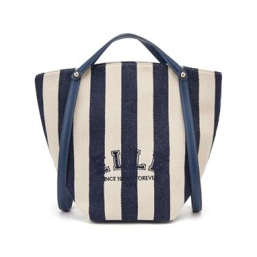 Imagem de ELLE Bolsa feminina listrada azul/branca, bolsa de ombro com alça superior com bolsa de maquiagem para viagens, uso diário e lazer
