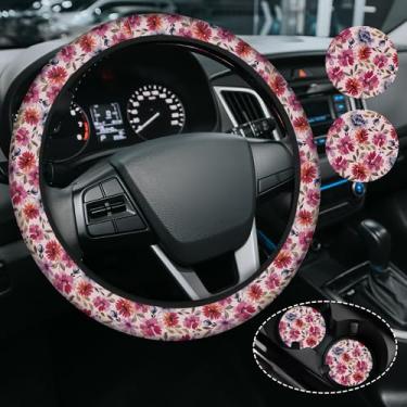 Imagem de Capa de volante de flor em aquarela rosa, capa de volante de neoprene antiderrapante, acessórios de carro para mulheres e homens, ajuste universal de 38 cm para automóvel, SUVS, inclui 2 porta-copos