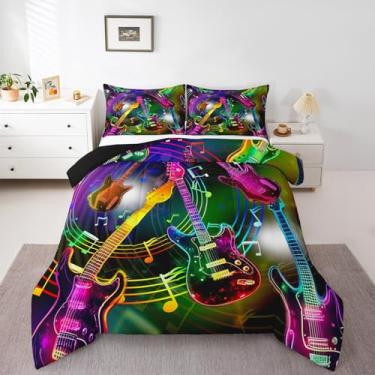 Imagem de Erosebridal Conjunto de edredom solteiro, com notas musicais, rock, para crianças, adolescentes e adultos, conjunto de cama com tema de guitarra elétrica, notas musicais, 1 fronha para decoração de