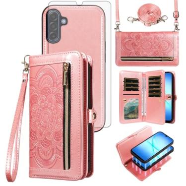 Imagem de Asuwish Capa de celular para Samsung Galaxy A17 5G carteira com zíper destacável com protetor de tela de vidro temperado, alça transversal para pulso mandala flor flip porta-cartão A 17 17A 4G