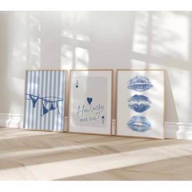 Imagem de 3 peças How Lucky Are We Poster Linha de biquíni, Blue Kiss Lips Prints, pintura em tela, arte emoldurada para decoração de dormitório, quarto, sala de estar, com moldura interna