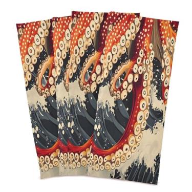 Imagem de xigua Conjunto de 4 panos de prato de cozinha de polvo vermelho, macios e altamente absorventes de secagem rápida para limpeza de pratos e limpeza manual, 71 x 45 cm