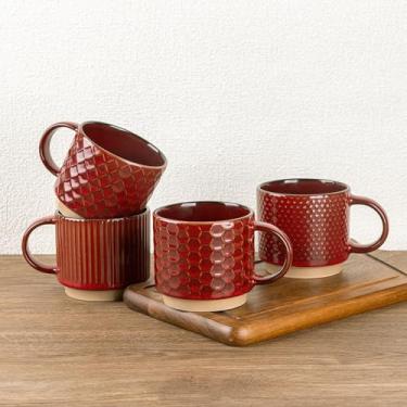 Imagem de GBhome Canecas de café empilháveis de 340 g, canecas de café de cerâmica com padrões de textura para homem, mulher, pai, mãe, conjunto de 4 canecas de café modernas para latte/cappuccino/cacau. Seguro