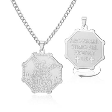 Imagem de VASSAGO Colar de São Miguel de aço inoxidável com pingente de arcanjo de São Miguel, joia de medalha de amuleto para proteção e oração, adjustable, Aço inoxidável, Sem Pedra Preciosa