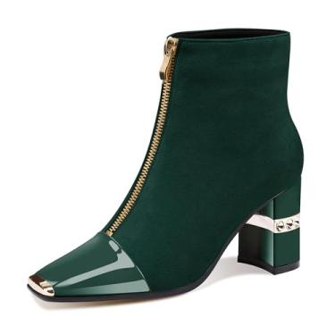 Imagem de XINIUNIU Bota feminina de cano baixo, salto grosso, bico quadrado, de metal, camurça, zíper frontal, 7,6 cm, vestido curto, Verde escuro, 38