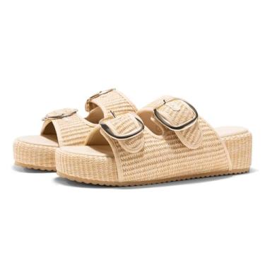 Imagem de Coutgo Sandálias femininas plataforma ráfia, alpargatas, duas faixas, bico aberto, sem cadarço, sapatos de férias na praia, Damasco, 37