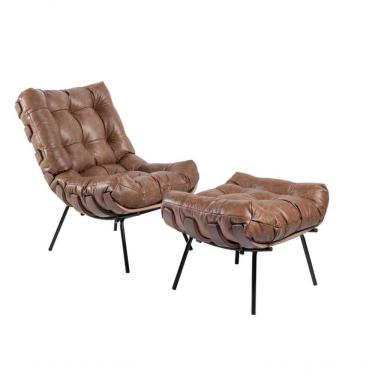 Imagem de Kit Poltrona Costela Com Puff Para Sala Couro Puro Mel