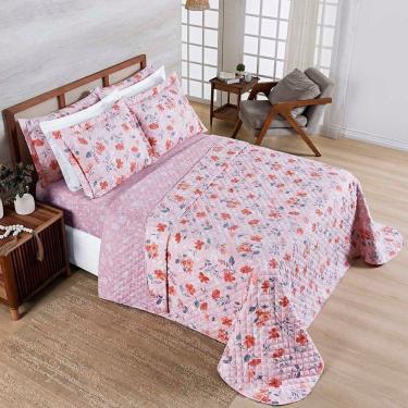 Imagem de Kit Cobre Leito Colcha Belle Casal Padrão Estampado Dupla Face 400 Fios 3 Peças Floral Rosê