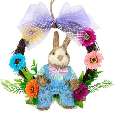 Imagem de Guirlanda Artesanal Enfeite Páscoa Coelhinho Palha Florida 25cm