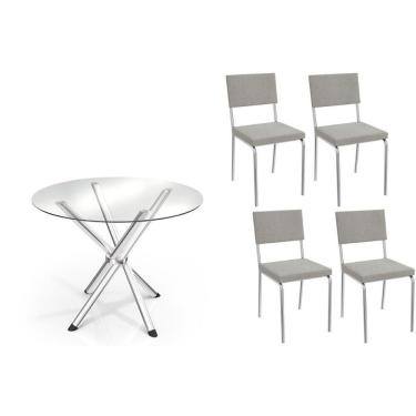 Imagem de Conjunto: Mesa Sala Jantar Volga C- Tampo De Vidro 95cm E 4 Cadeiras Zaria Cromada - Boucle Cinza - Kappesberg