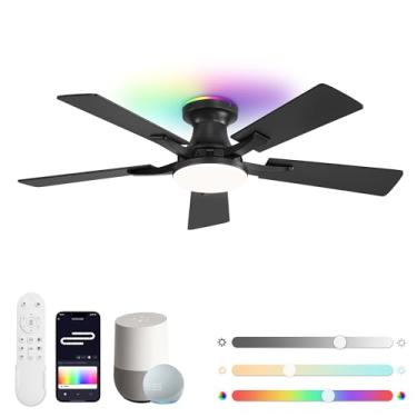 Imagem de ZMISHIBO Ventiladores de teto de 106 cm com luzes RGB, ventilador de teto embutido de perfil baixo com Alexa/aplicativo/controle remoto, luz LED regulável de 20 W, ventilador moderno preto para sala