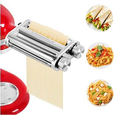 Imagem de Acessório de máquina de macarrão para batedeiras KitchenAid, conjunto 3 em 1, conjunto de rolos de massa, cortadores de espaguete e fettuccine, acessório para fazer macarrão