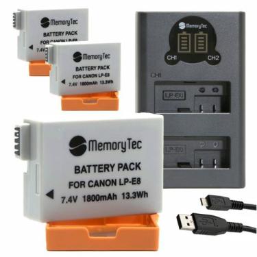 Imagem de 3 Baterias LPE8 MemoryTec e Carregador Duplo USB compatível com Canon 