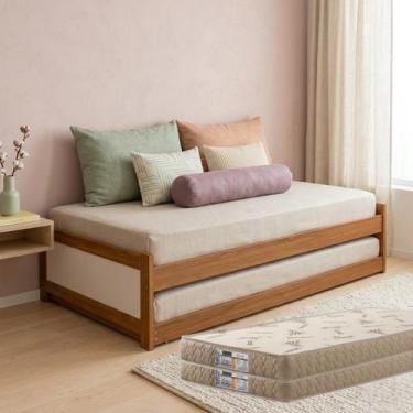 Imagem de Bicama Reforçada Madeira Cama Auxiliar Rodinhas Funcional Com Colchão 